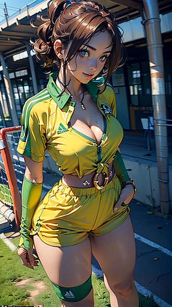 (((Only 1 woman))), ((low angle shot)), masterpiece, 8k, high quality, ultra detailed, anime style, CG Unity, beautiful anime woman, ((25 years old, Soccer player)), (((brown skin: 1.3))), wearing sexy (((yellow and green soccer outfit, deep blue shorts))), (((cleavage: 1.3))), (((brown hair))), amber eyes, ((perfect body)), (((breasts:1.2, waist:1.1, hips:1.1, toned legs:1.5))), looking directly to camera, sexy gaze, sexy smile, ((lucious lips)), (((sexy pose))), it is a (((natural light scene))) in a soccer field