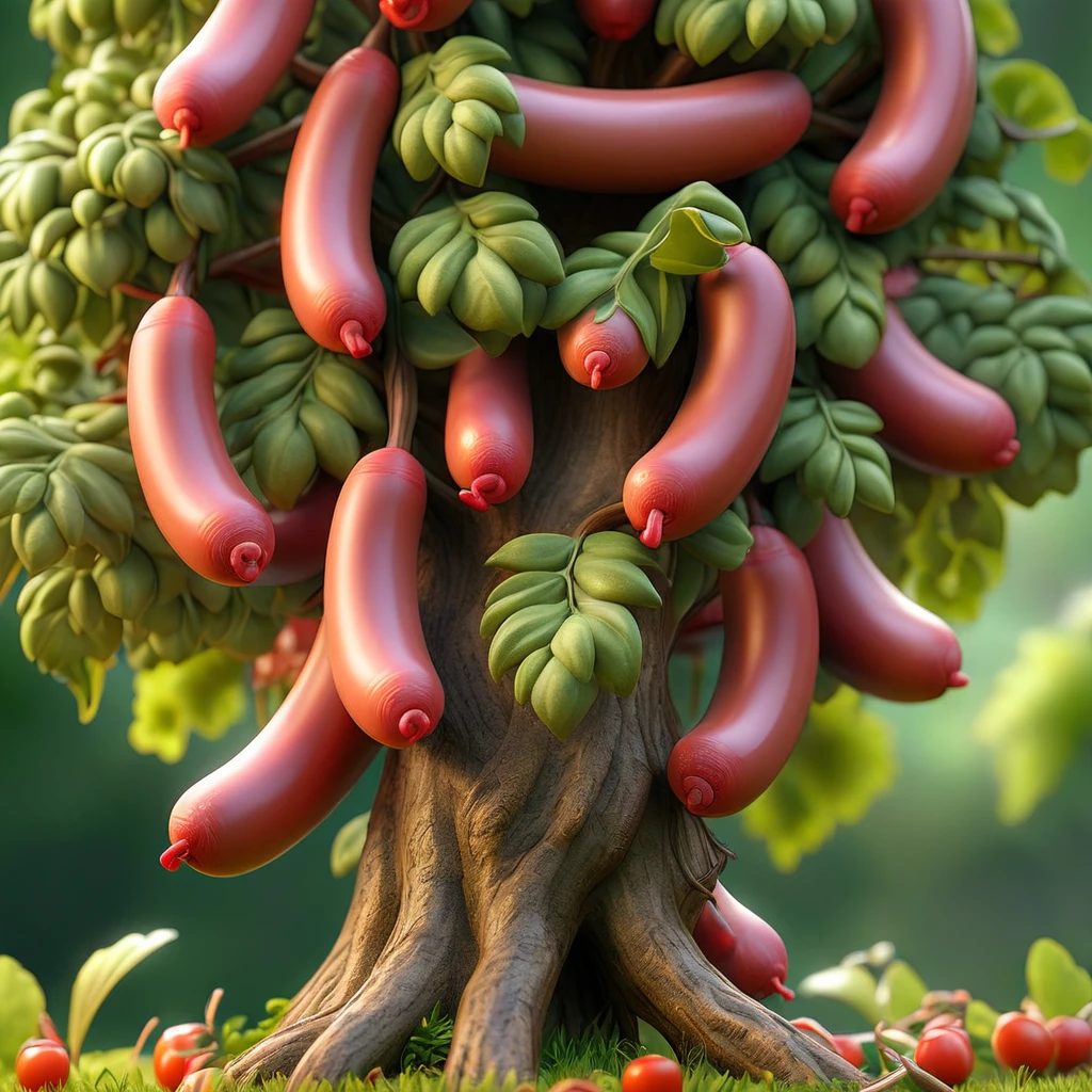 a sausage tree, juicy sausages, meaty texture, a tree made out of sausages, highly detailed, realistic, photorealistic, 8k, hdr, studio lighting, extreme detail, professional, vivid colors, lush foliage, natural lighting, depth of field, intricate textures, hyper-realistic, cinematic composition