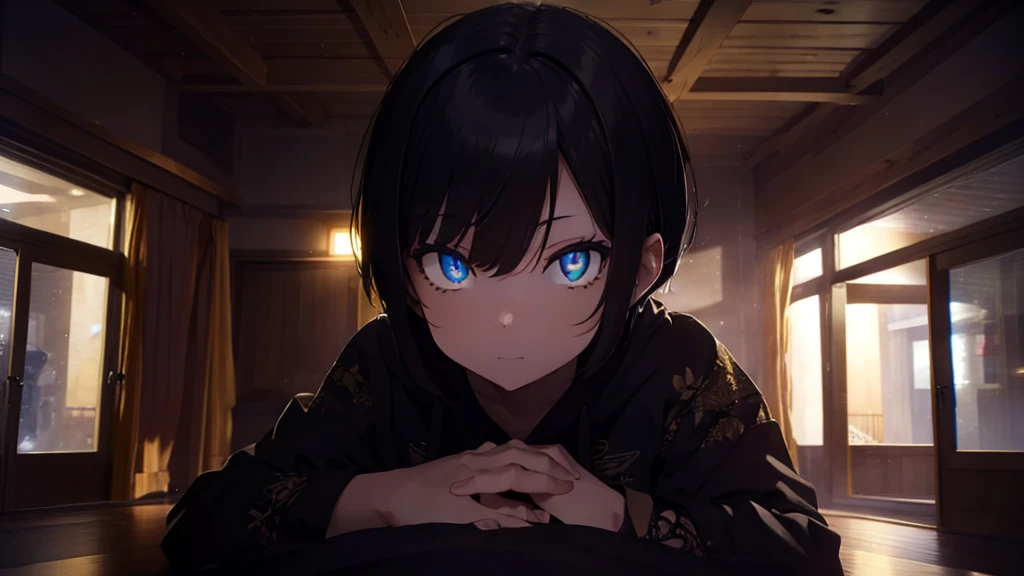 yellow eyes, black hair, short hair, (at night, darkness, no light:1.4), gold eyes, she's wearing pajamas, black shorts, dark shirt, wearing dark hoodie, pajamas bottoms, girl in middle, looking at viewer, indoors, inside hotel room, (masterpiece:1.2), best quality, high resolution, unity 8k wallpaper, (illustration:0.8), (beautiful detailed eyes:1.6), , perfect lighting, , (perfect hands, perfect anatomy), night view indoors, looking at viewer