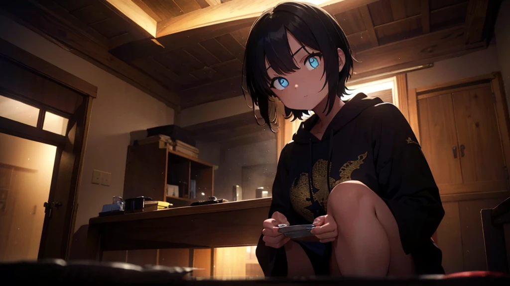 yellow eyes, black hair, short hair, (at night, darkness, no light:1.4), gold eyes, she's wearing pajamas, black shorts, dark shirt, wearing dark hoodie, pajamas bottoms, girl in middle, looking at viewer, indoors, inside hotel room, (masterpiece:1.2), best quality, high resolution, unity 8k wallpaper, (illustration:0.8), (beautiful detailed eyes:1.6), , perfect lighting, , (perfect hands, perfect anatomy), night view indoors, looking at viewer