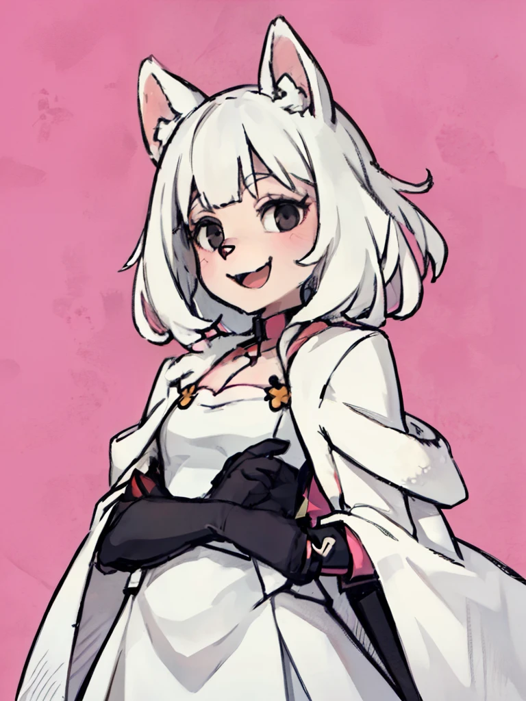 ((furry, White,happy,little,beautiful,black eyes,pink background