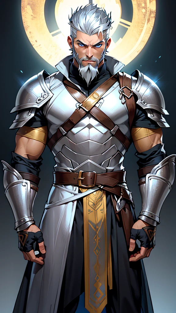 young muscular man, rectangular body, trapezoidal head, with blue eyes, Latin features with a gunslinger-style beard and short silver hair, wearing silver armor and a golden crown and tanned skin, posing standing