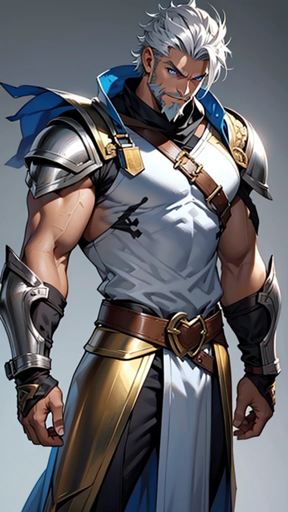 young muscular man, rectangular body, trapezoidal head, with blue eyes, Latin features with a gunslinger-style beard and short silver hair, wearing silver armor and a golden crown and tanned skin, posing standing