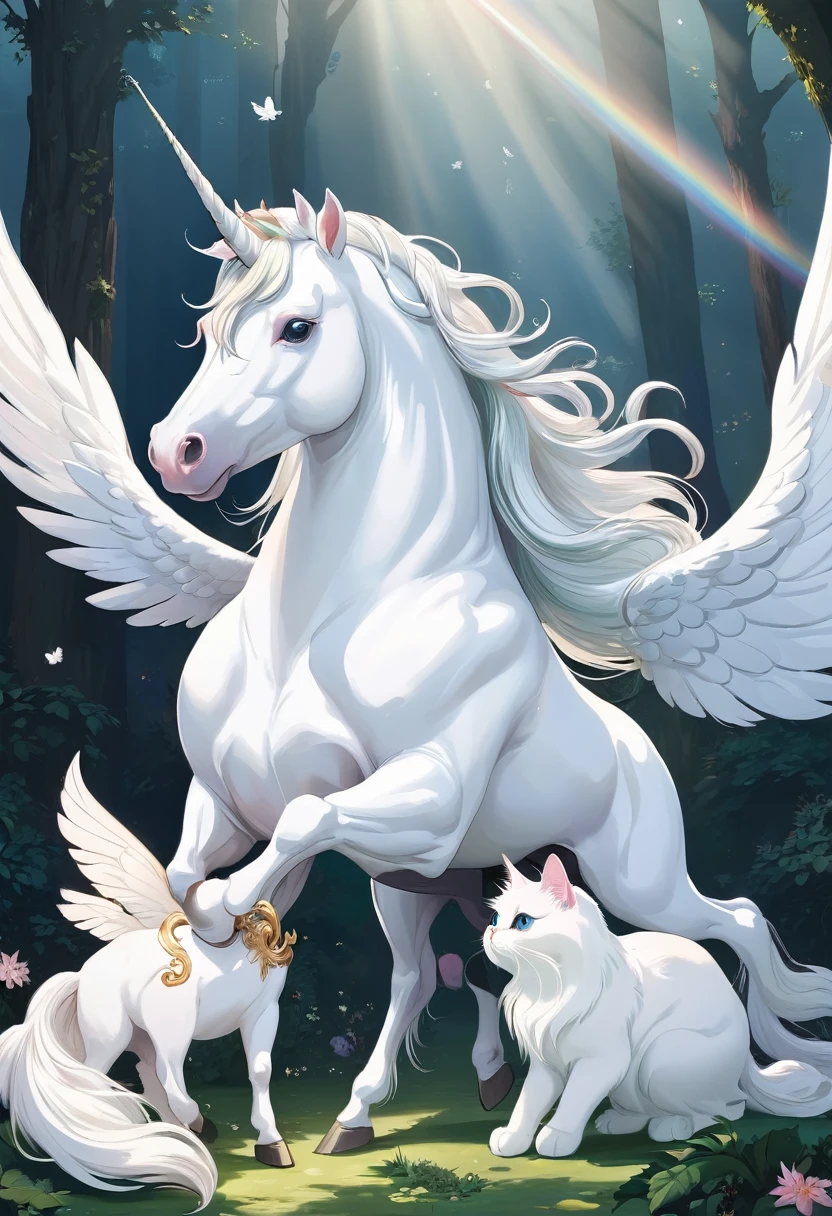 A long-haired white unicorn with a white cat with wings
