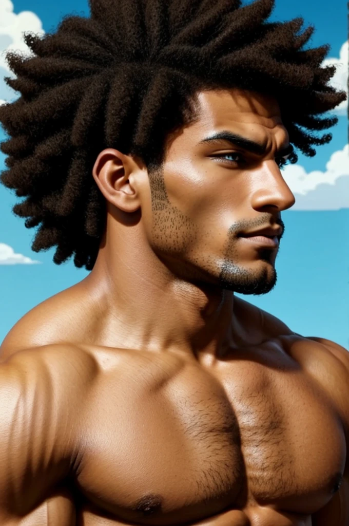 Muscular cartoon anime character with short curly hair shaved from the sides of brown skin