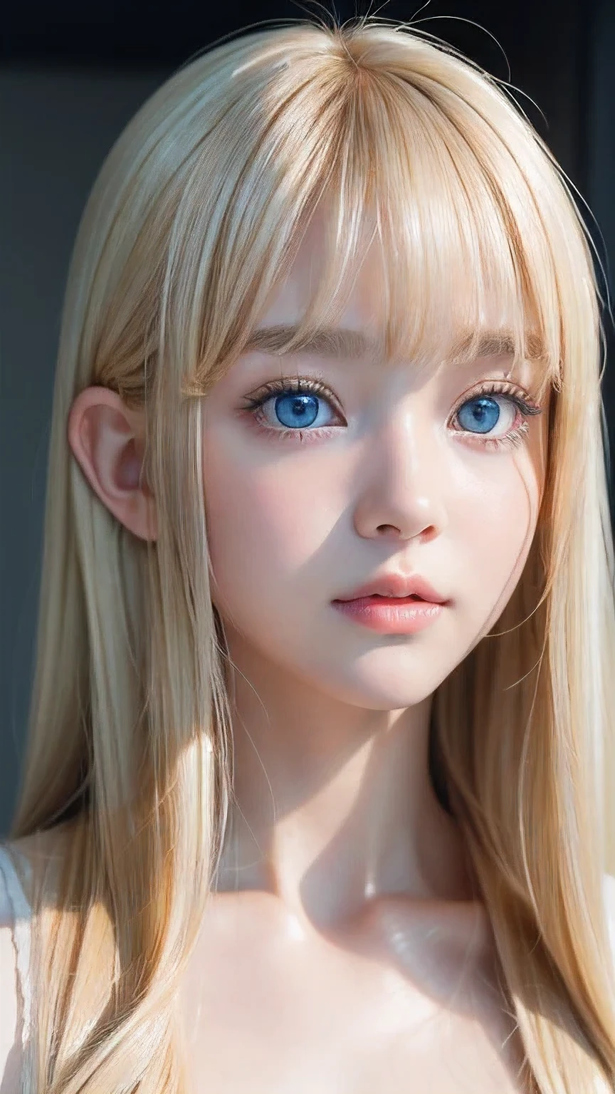 high quality、最high quality、Photorealistic、Raw photo、Real、超Real8K CG、Super detailed、High resolution、masterpiece、1 Girl、Super long hair、Light blonde hair、Bright Blue Eyes、Detailed face and eyes、Close-up、Intricate details、Detailed Texture、details、details、A perfectly beautiful face、Messy silky beautiful light blonde hair、Beautiful cute girl 16 years old、Very beautiful beautiful bright pale sky blue big eyes、Very super long beautiful blonde silky shiny hair、Long beautiful bangs、Very big eyes、Small Face Beauty、eyeliner、very white shiny skin、Gloss Face、Cheek gloss、bangs over eyes、片bangs over eyes、Hair between the eyes、