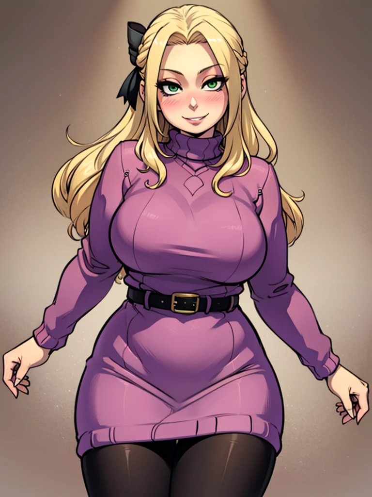 high_aesthetic,art by Lazorchef, ((Masterpiece, best quality, perfect lighting, amazing shading)), perfect anatomy, field of depth, extremely beautiful, long blonde hair, hair ribbons, green eyes, sweater dress, pantyhose, cute smile, (curvy), [belt], blushing, (cowboy shot), (elegant pose), simple background