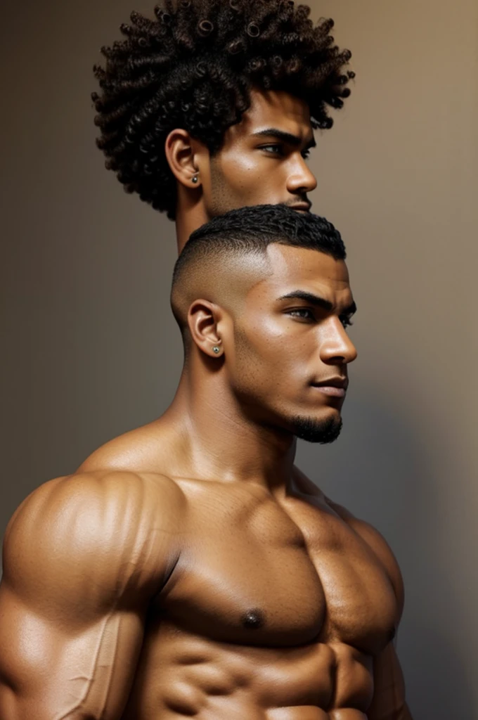 Muscular cartoon anime character with short curly hair shaved from the sides of brown skin