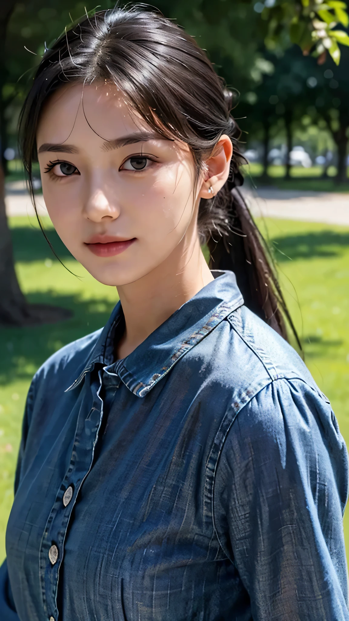 Collared dress,jeans,outdoors,Urban Park,On the lawn,One woman,close up face,fully body photo,masutepiece, The highest image quality, High quality, the background is clear,Beautiful woman, Japanese, Detailed, Ultra-detailed, finely detail, hight resolution, 8K Wallpaper, Perfect dynamic composition, Beautiful detailed eyes ,Detailed eyes, Detailed skin, Beautiful skin, 超hight resolution, (reality: 1.4),Very beautiful woman, Slightly younger face, Beautiful skin, slender, (Ultra photo realsisim), (hight resolution), (8K), (Very detailed) (beautifully detailed eyes), (super detailed), (Detailed face), view the viewer, Fine details, Detailed face, Staring straight ahead, Staring straight ahead, photos realistic, Bright lighting, Professional Lighting, Black hair,poneyTail,a baby face,sixteen years old,Hairstyle: ponytail,Long ponytail hairstyle,slight smile,