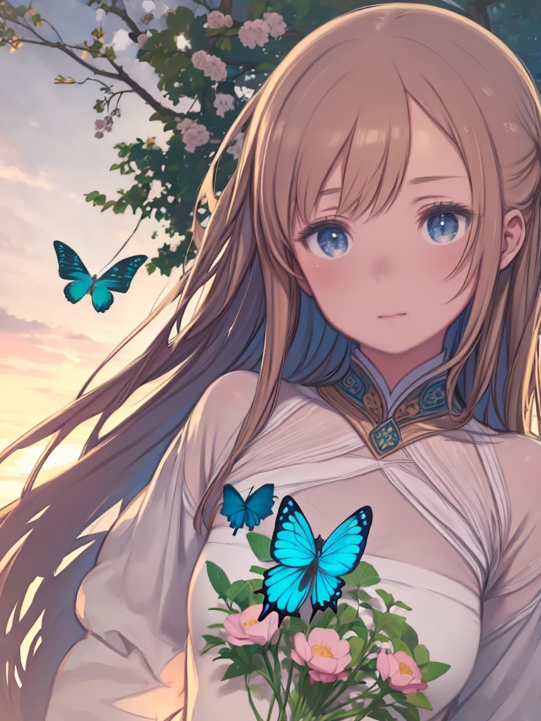 (Highest quality, masterpiece, Ultra-realistic), Beautiful and delicate girl portrait, With a calm and gentle expression, The background scenery is full of blooming flowers.、A garden where butterflies fly around.