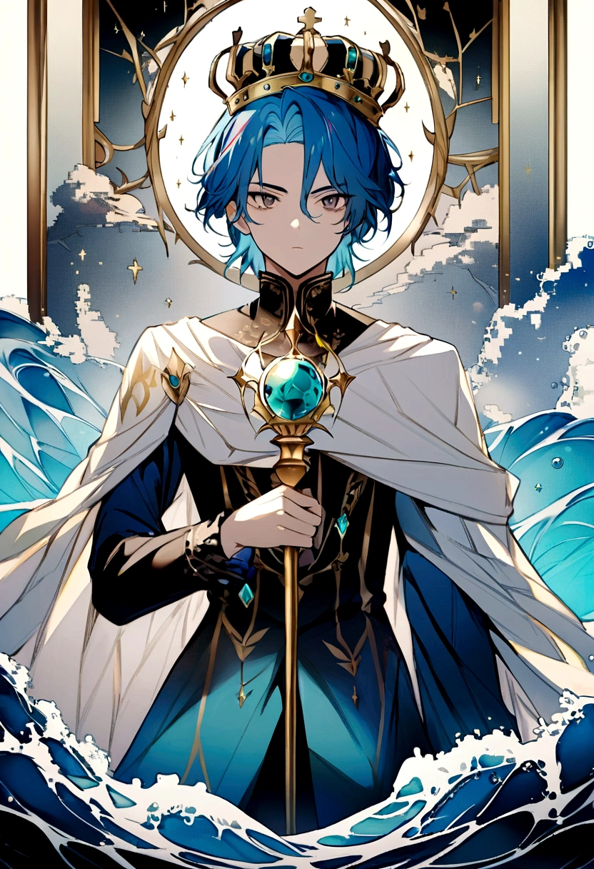 create an image of a boy with blue hair with a crown and aqua gems, blue prince clothing (dark gaze, and serious) with a golden scepter, ( and that it is in the ocean) let the boy be beautiful