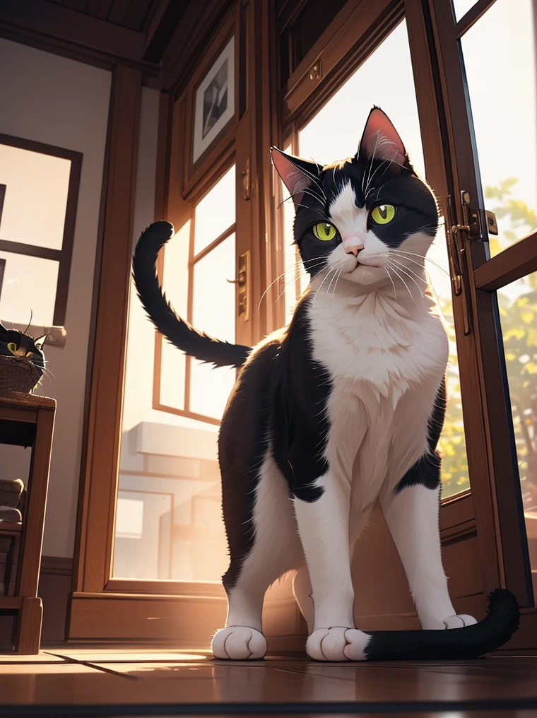 1cat, solo, ((black and white cat)), green-yellow eyes, Generate ultra-high-definition images of chic cat, Classic cat pose. Use advanced macro photography techniques、Highlight the intricate details of your cat's coat, expressive eyes,
Place the camera at the level of the peephole, Create an intimate connection between the audience and the cat subject. A large aperture that achieves a shallow depth of field, Let the cat stand out clearly against a slightly blurred background.

Improve lighting to emphasize the texture and contour of the cat's body, avec un soft, Remove rough shadow, Cozy atmosphere, Cat in a relaxed position, But balanced, natural motion, Stretching, beauty, realism, post-processing techniques to improve image clarity, Contrast, and color balance, Protect all aspects, From the intricate patterns of cats to their intense gaze,
