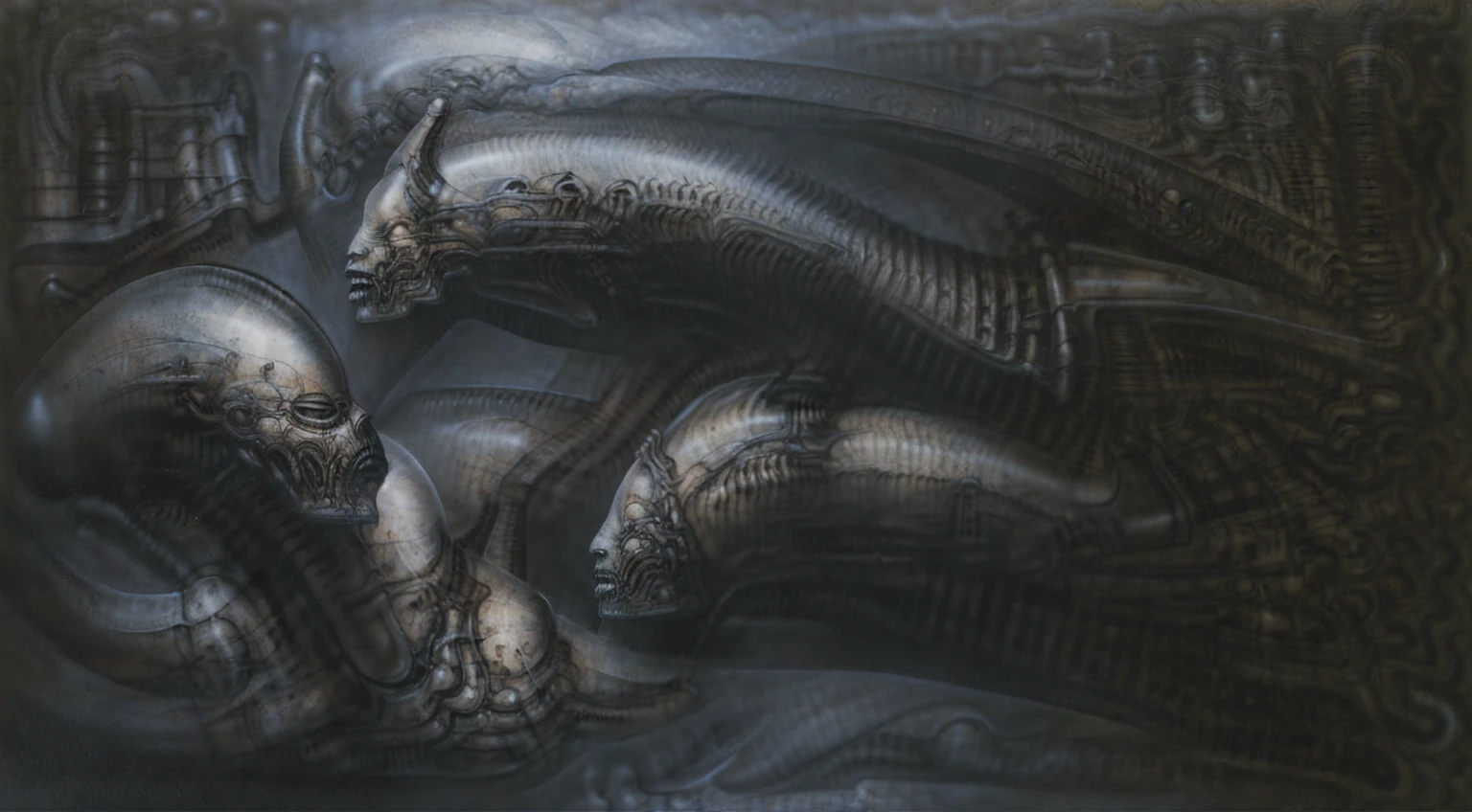 
The image is a detailed view of H.R. Giger's \" Landscape XVI \" plate, featuring a complex network of bones and organs in a purple-brown hue ,swirling gray and brown colors. The artwork is silver and purplish brown, with an ivory bones prominently displayed. The image is highly detailed and intricate, almost like a 3d version of a medical diagram 
The image is an artistic representation of a mechanical structure with pipes and gears, with a skeletal creature and a windmill blade.

biomechanical landscape by Hans Rudie Giger composed of fossilized and mummified alien life forms. Image depicts a strange and dreamlike, combines biological and mechanical ,managed  to dreamlike quality. Centralized recognizable shapes of skulls, rib cages, and spines, all intertwined with tubes and cables. These shapes suggest fossilized mummified alien life forms. Central skeletal structures and what appears to be a ribcags of ivory in the foreground are the most identifiable organic elements. The mechanical elements are evident in the wires and tubes emanating from the skeletals, as well as the smooth metallic tubes. In the background shapes are visible that could be interpreted as other fossilized or mummified alien life.
Light source from the top highlights skeletals, upper part of foreground, lower part of image is in shadow. 


The piece is a tableau, most likely created with a India ink pen or pencil on paper, determined by the thin lines, shading techniques, and the texture of the paper, which is visible around the edges.
used is pen, given the shading and variations in line weight visible in the image. One have used a variety of pencils with different degrees of hardness to achieve the shading effects

The style  is clearly biomechanical. Features combination of organic and mechanical forms. Mechanical elements dominate the composition, there are subtle organic hints. The use of undersaturated purple-grays dark contrasts creates a stark and graphic look. Is used a variety of l