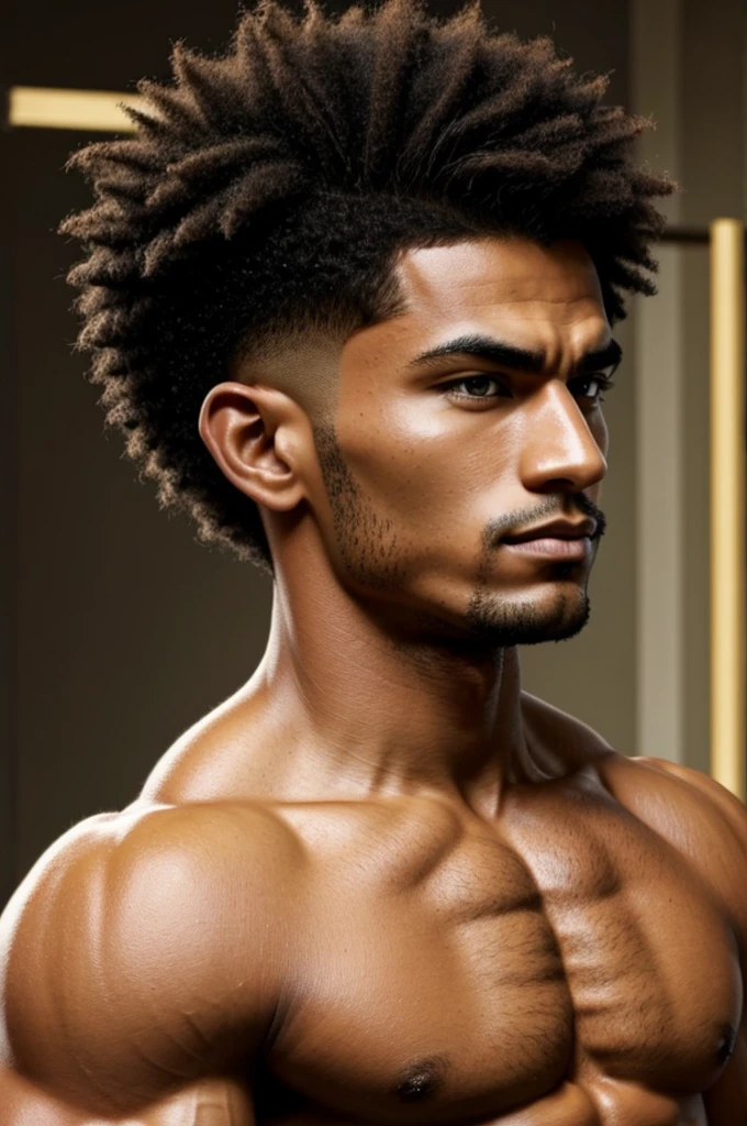Muscular cartoon anime character with short curly hair shaved from the sides of brown skin