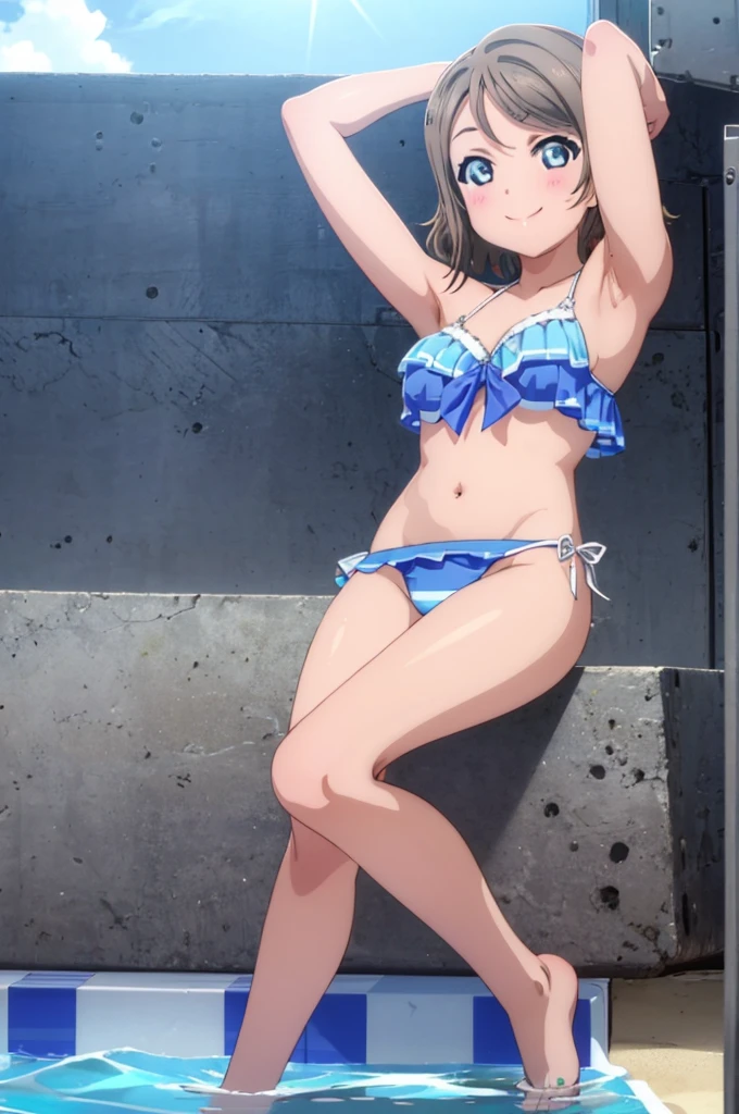 (((pixel-perfect, detail-perfect))), solo, 1girl, you watanabe, eyes azzur, smile, bikini, summer beach, armpit, big filesize, ultra High Qality