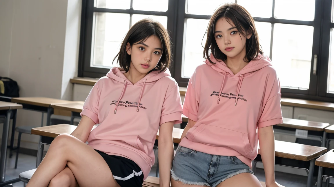 deux femmes ensemble de 18 ans sexy et mince , pink short sleeve hoodie , salle de classe, se touche,position sey,sensuel