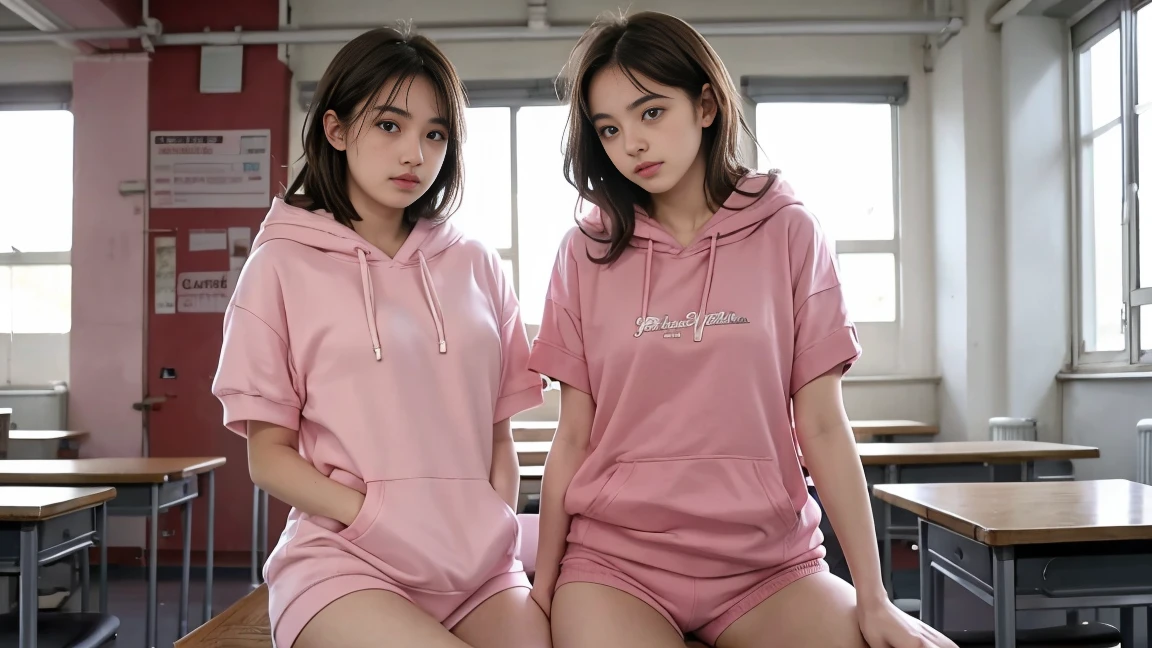 deux femmes ensemble de 18 ans sexy et mince , pink short sleeve hoodie , salle de classe, se touche,position sey,sensuel