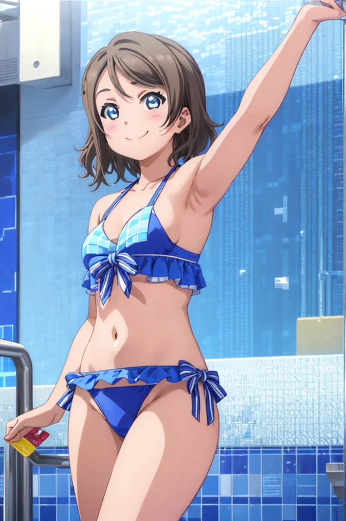 (((pixel-perfect, detail-perfect))), solo, 1girl, you watanabe, eyes azzur, smile, bikini, pool, armpit, big filesize, ultra High Qality