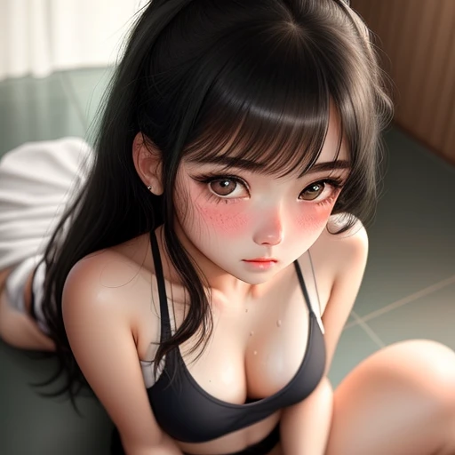 Sitting on floor. Girl with sweat on blushing face. Use towel. Sexy vibes. Point of view from top. 
18-year-old girl, Detailed face, Detailed eyes, double eyelid, cute, hot-seductive-sexy-beautiful-girl with messy black hair and blushing face. Intimate vibes.