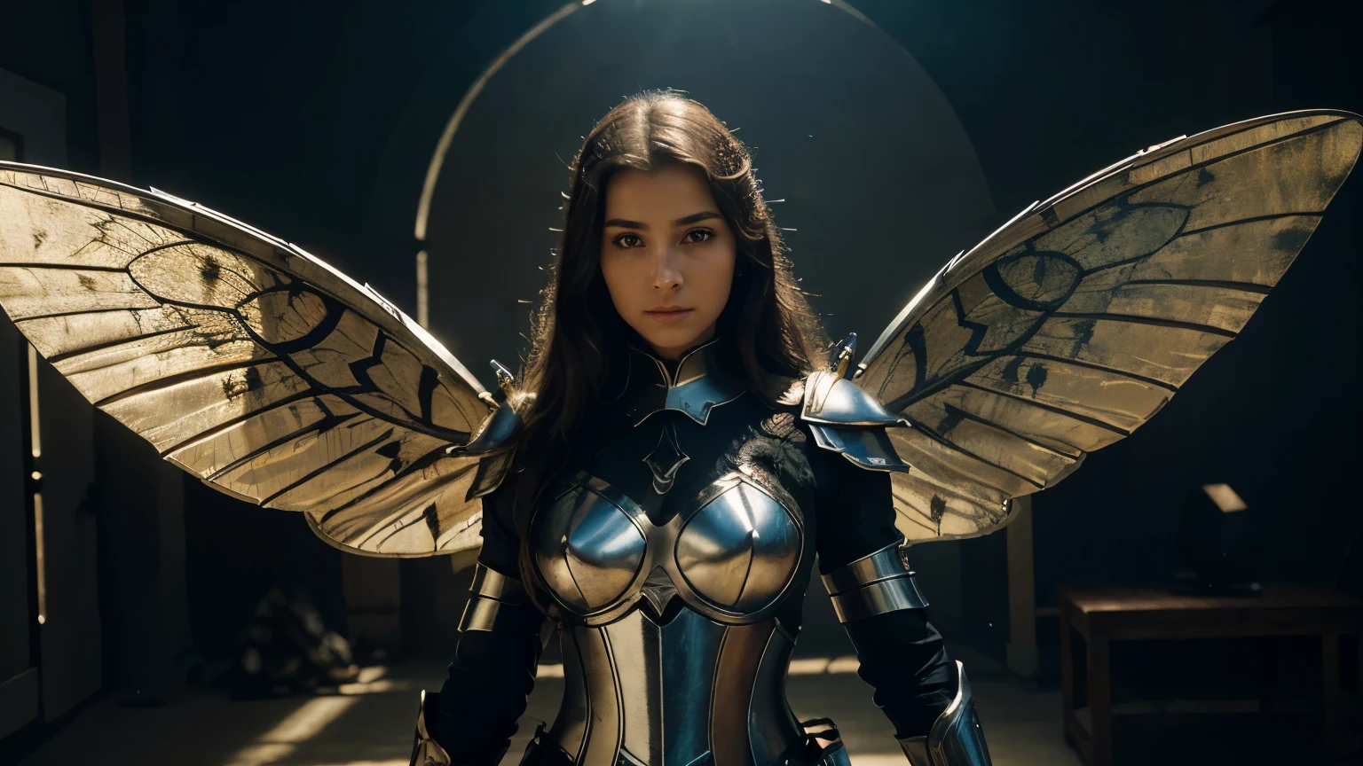 A in a butterfly steel armor with full body wings, flying,(best quality,4k,8k,highres,masterpiece:1.2),ultra-detailed,(realistic,photorealistic,photo-realistic:1.37),detailed face,beautiful detailed eyes,beautiful detailed lips,extremely detailed eyes and face,long eyelashes,fantasy,intricate details,ethereal,dramatic lighting,vibrant colors,cinematic composition,epic scale,ornate armor,translucent wings,dynamic pose,powerful expression