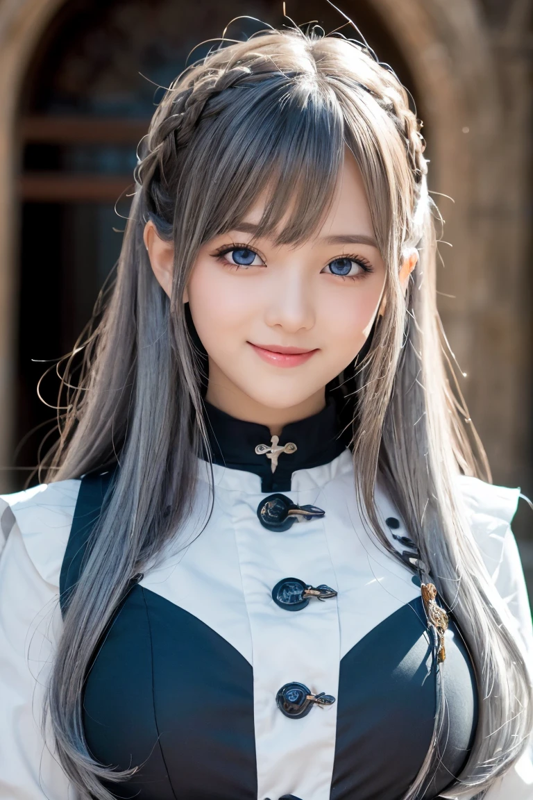 ((masterpiece)), ((best quality)), (ultra-detailed), ((kawaii)), cute, ((lovely)), ((extremely detailed)), 4K, (8K), best quality, (beautiful), illustration, romanesque architecture, cathedral:1.3, outside, a cute girl, 1girl, solo, Japanese, (middle-ages fantasy necromancer:1.3), (fantasy necromancer costume), BREAK, (round face:1.3), (beautiful gray hair:1.3), (long hair:1.3), ((beautiful hair)), tareme:1.5, beautiful blue eyes, ((beautiful eyes)), white teeth, smile, blush