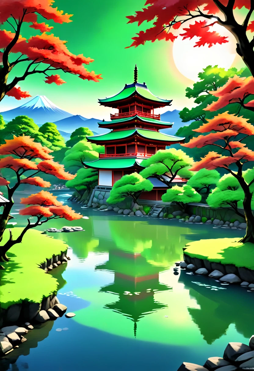 a National Geographic picture of dark Japanese medieval temple, as the sun rises in the horizon, it sits on the bank of a river near surrounded by cherry trees, almond trees, Japanese maple trees, (all trees in many colorful shades of green, red, pin, orange: 1.5) ((all scenery is reflected in the river: 1.5)), an epic ancient Japanese medieval temple, ancient and epic in its majestic antiquity, a sense of serenity, tranquility, divine rays, some clouds, sun rays, (highest quality:1.2, Very detailed, up to date, Vibrant, Ultra-high resolution, High Contrast, masterpiece:1.2, highest quality, Best aesthetics), best details, best quality, highres, ultra wide angle, 16k, [ultra detailed], masterpiece, best quality, (extremely detailed: 1.5),