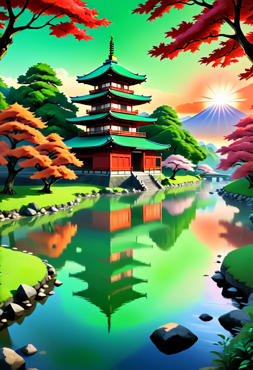 a National Geographic picture of dark Japanese medieval temple, as the sun rises in the horizon, it sits on the bank of a river near surrounded by cherry trees, almond trees, Japanese maple trees, (all trees in many colorful shades of green, red, pin, orange: 1.5) ((all scenery is reflected in the river: 1.5)), an epic ancient Japanese medieval temple, ancient and epic in its majestic antiquity, a sense of serenity, tranquility, divine rays, some clouds, sun rays, (highest quality:1.2, Very detailed, up to date, Vibrant, Ultra-high resolution, High Contrast, masterpiece:1.2, highest quality, Best aesthetics), best details, best quality, highres, ultra wide angle, 16k, [ultra detailed], masterpiece, best quality, (extremely detailed: 1.5),