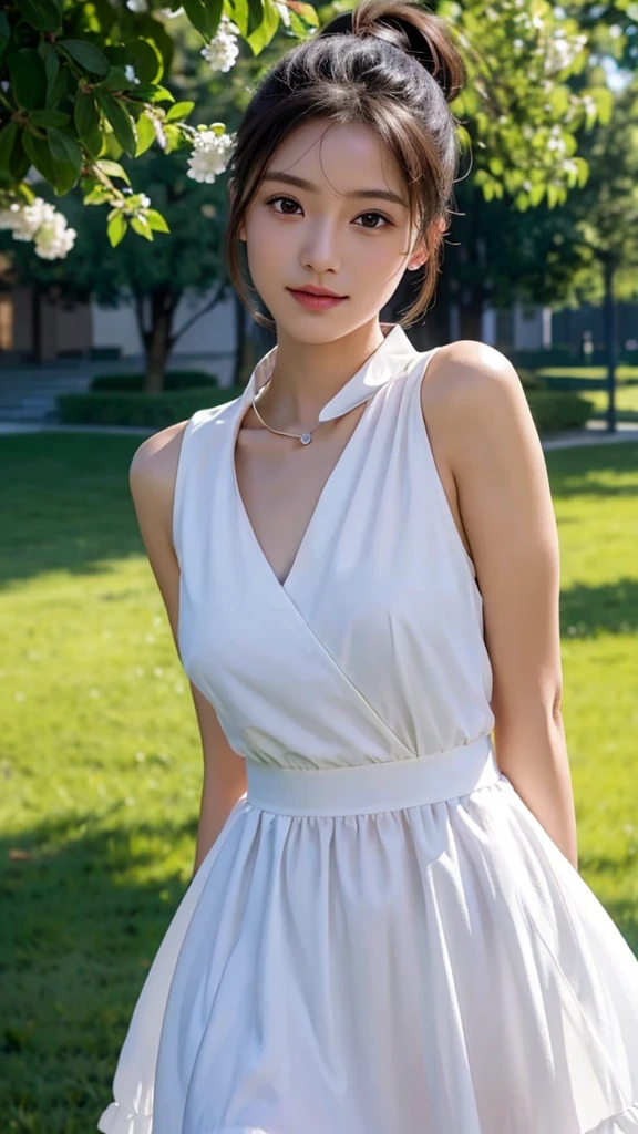 Collared dress,outdoors,Urban Park,On the lawn,One woman,close up face,fully body photo,masutepiece, The highest image quality, High quality, the background is clear,Beautiful woman, Japanese, Detailed, Ultra-detailed, finely detail, hight resolution, 8K Wallpaper, Perfect dynamic composition, Beautiful detailed eyes ,Detailed eyes, Detailed skin, Beautiful skin, 超hight resolution, (reality: 1.4),Very beautiful woman, Slightly younger face, Beautiful skin, slender, (Ultra photo realsisim), (hight resolution), (8K), (Very detailed) (beautifully detailed eyes), (super detailed), (Detailed face), view the viewer, Fine details, Detailed face, Staring straight ahead, Staring straight ahead, photos realistic, Bright lighting, Professional Lighting, Black hair,poneyTail,a baby face,sixteen years old,Hairstyle: ponytail,Long ponytail hairstyle,slight smile,