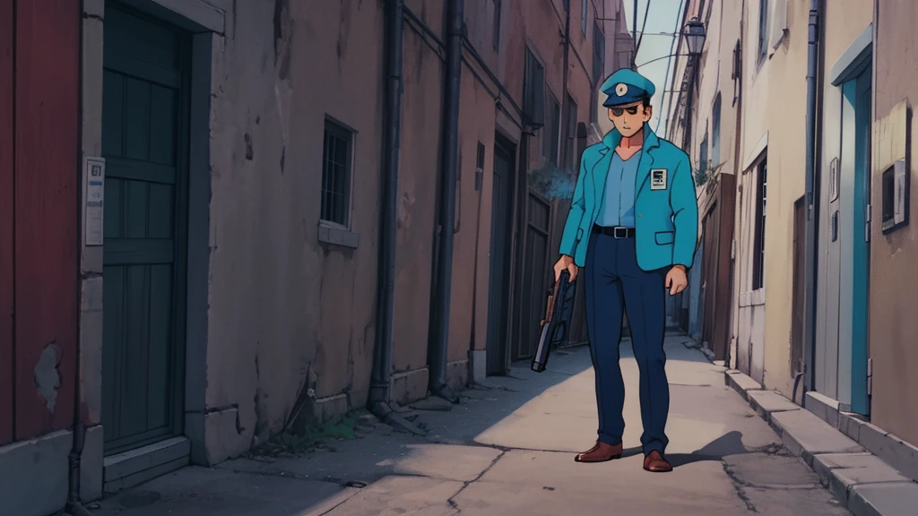Alley, Full body standing detective, gun, pant, shirt, jacket, retro style
