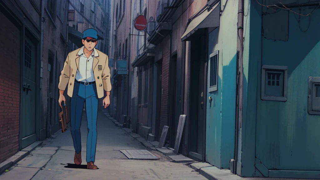 Alley, Full body standing detective, gun, pant, shirt, jacket, retro style
