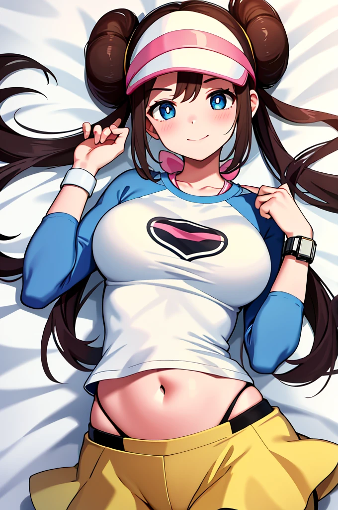 ​masterpiece, top-quality, hight resolution, RO1, Hair buns, blue eyess, Twin-tailed, Visor Cap, raglan sleeves, Yellow shorts, The shirt, Pink ribbon, Watches,large full breasts、、appealing breast、breastso、sexy tummy,  tetas grandes, solo, 1girl, BEDROOM background, hands on chest, embarrased, blush, smile, lying on bed, 