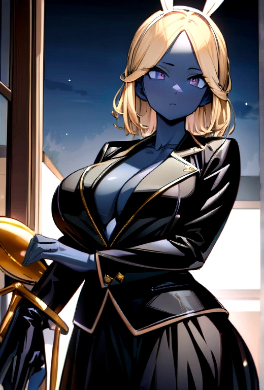 ((masterpiece)), ((best quality)), (ultra-detailed), ((extremely detailed)), 4K, (8K), black skin、Blonde、parted bangs 𝐬𝐡𝐨𝐫𝐭𝐜𝐮𝐭、Hot spring inn、Black leather jacket、Black Shirt、Black Skirt、Gold Bunny Ears