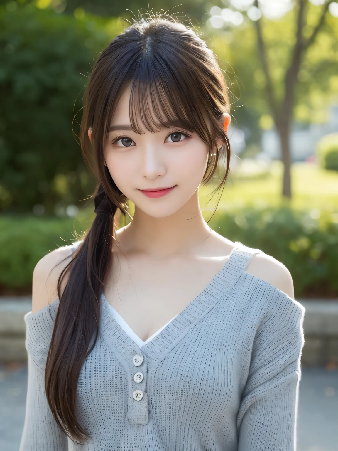 masutepiece, Best Quality, Illustration, Ultra-detailed, finely detail, hight resolution, 8K Wallpaper, Perfect dynamic composition, Beautiful detailed eyes, doress, short Hair, mid-chest, Natural Color Lip, Random and sexy poses,Smile, Blurred park background、20 years girl、Colossal 、Too much exposure、No shoulder knitwear(dark gray)、Exposing the chest、Slid、I keep my hair tied up