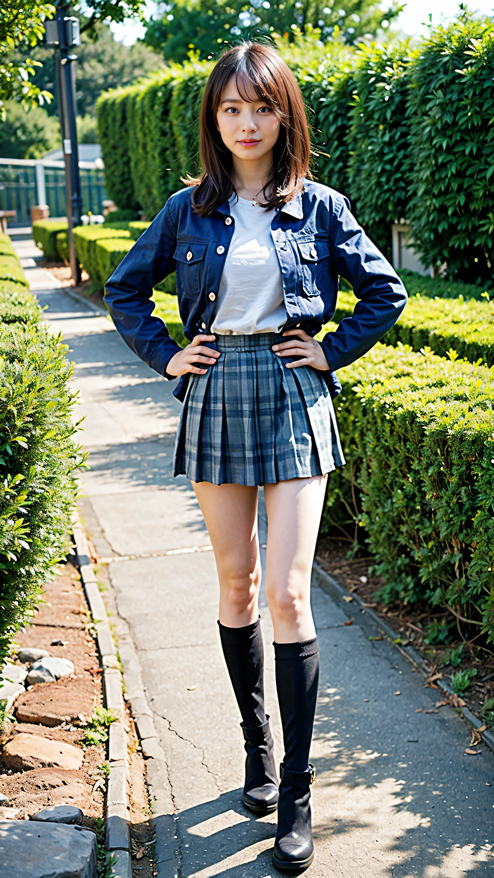 (8K、RAW Photos、Highest quality、masterpiece:1.2)、(Realistic、Realistic)、1 Girl、((Medium Hair、Jacket、tights、Black pleated mini skirt、boots、Big Breasts、whole body、garden、smile、View from the front、Looking into the camera、Stand with hands on hips))、