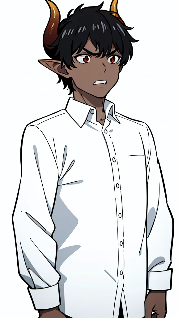 (1boy,s old,solo),((dark skin)),(white shirt,long sleeves),Short hair,black hair,elf ears,(horns),(white background,line drawing),teeth,angry,profille