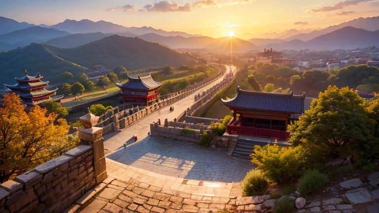 (Sunrise Time), Three Kingdoms, Luoyang, Bright sun, Light contrast, Golden Light, Ancient cityscape, Ramparts, temple, garden, bridge, Morning Calm, Natural beauty, Deep history, stone path, Mountain Range, Landscape painting