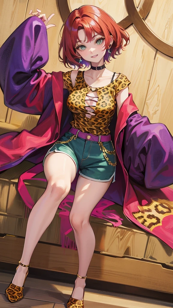 1girl, Red hair, leopard print shirt, longe sleeves, short hair, blue shorts, purple shose, light skin, medium breast, bracelet, full body, green eyes, smiling, masterpiece, Good picture, 