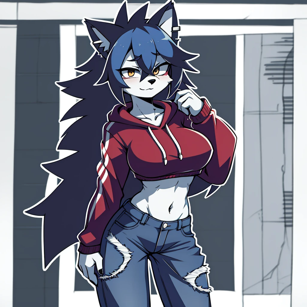 girl, raccoon, furry, breasts, fur, blue hair, hair on forehead, disheveled, red clothing, crop top, hoodie, pants, denim, six pack, solo.