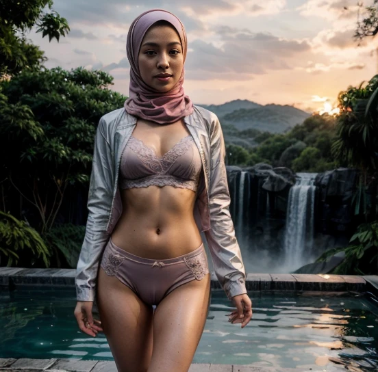 malay sexy seducing pose, sunrise,waterfall view, mira filzah:1.9), wearing hijab, pastel color hijab, unbutton jacket see a lace bra and pastel long gym outfit, small , small breast, flat chest, wide waist, thick thighs, bright lighting, plum cameltoe, wet cameltoe, wet, high quality, detail face, 16k, ray lighting,