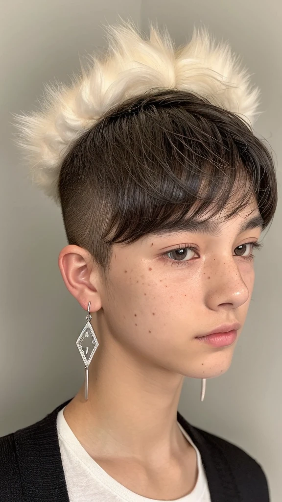 I want an image of a teenager with the following characteristics:  1. **Age and General Appearance:**    - Approximate age of 15 to 16 years.    - He must look very young, highlighting his youth in his appearance.  2. **Hair:**    - Hair rizado (chino).    - Shoulder length.    - Color natural.  3. **accessories:**    -She wears a silver cross-shaped earring in one of her ears.  4. **fur:**    - fur blanca.    - You must have some blemishes on your face, how you freckle, small pimples or marks, but don&#39;t lose your natural beauty.  5. **Eyes:**    - Eyes de color verde.  Make sure that all these details are clearly visible in the image and that its appearance clearly reflects the youth of a teenager of 15-16 years old.
