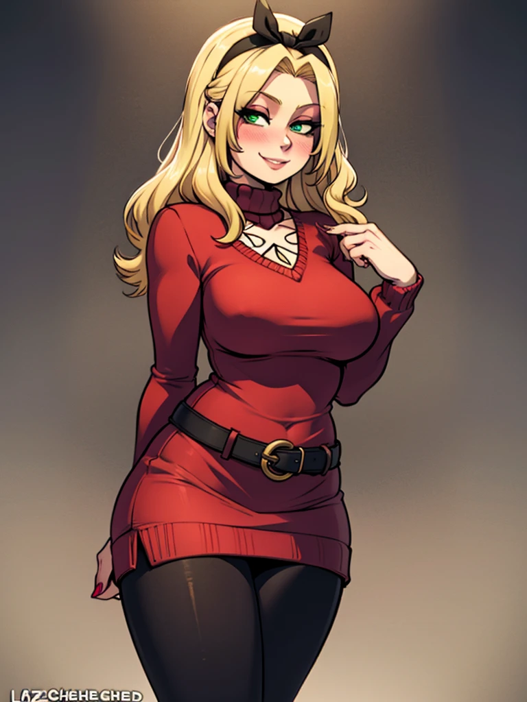 high_aesthetic,art by Lazorchef, ((Masterpiece, best quality, perfect lighting, amazing shading)), perfect anatomy, field of depth, extremely beautiful, long blonde hair, hair ribbons, green eyes, sweater dress, pantyhose, cute smile, (curvy), [belt], blushing, (cowboy shot), (elegant pose), simple background