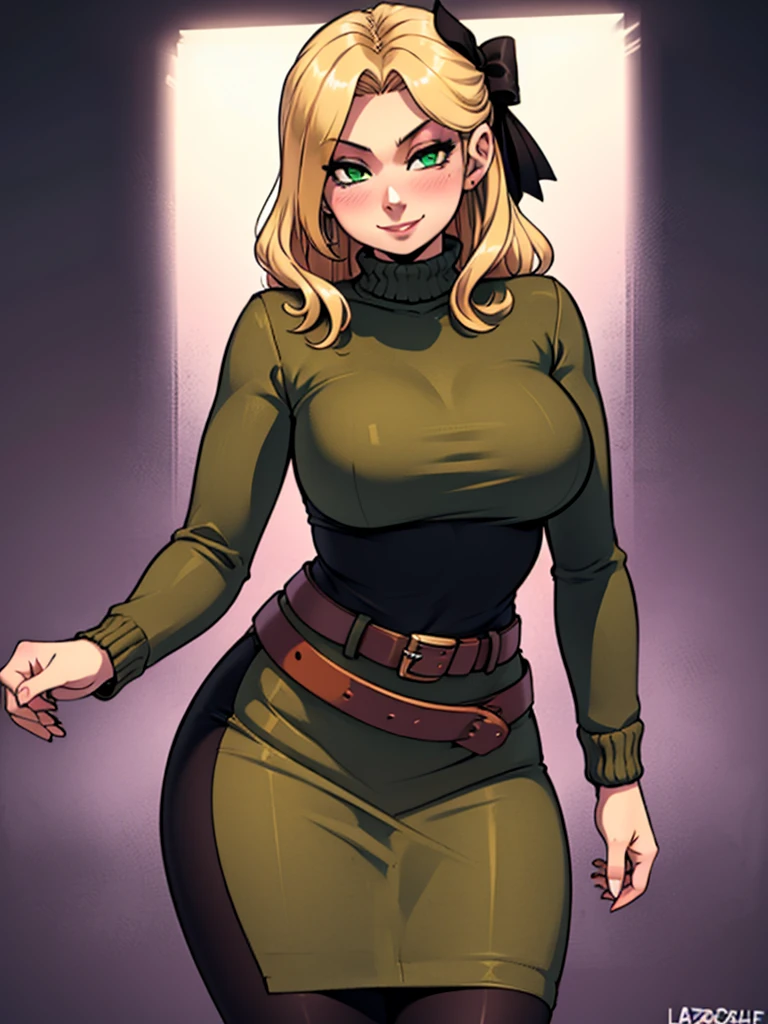 high_aesthetic,art by Lazorchef, ((Masterpiece, best quality, perfect lighting, amazing shading)), perfect anatomy, field of depth, extremely beautiful, long blonde hair, hair ribbons, green eyes, sweater dress, pantyhose, cute smile, (curvy), [belt], blushing, (elegant pose), simple background
