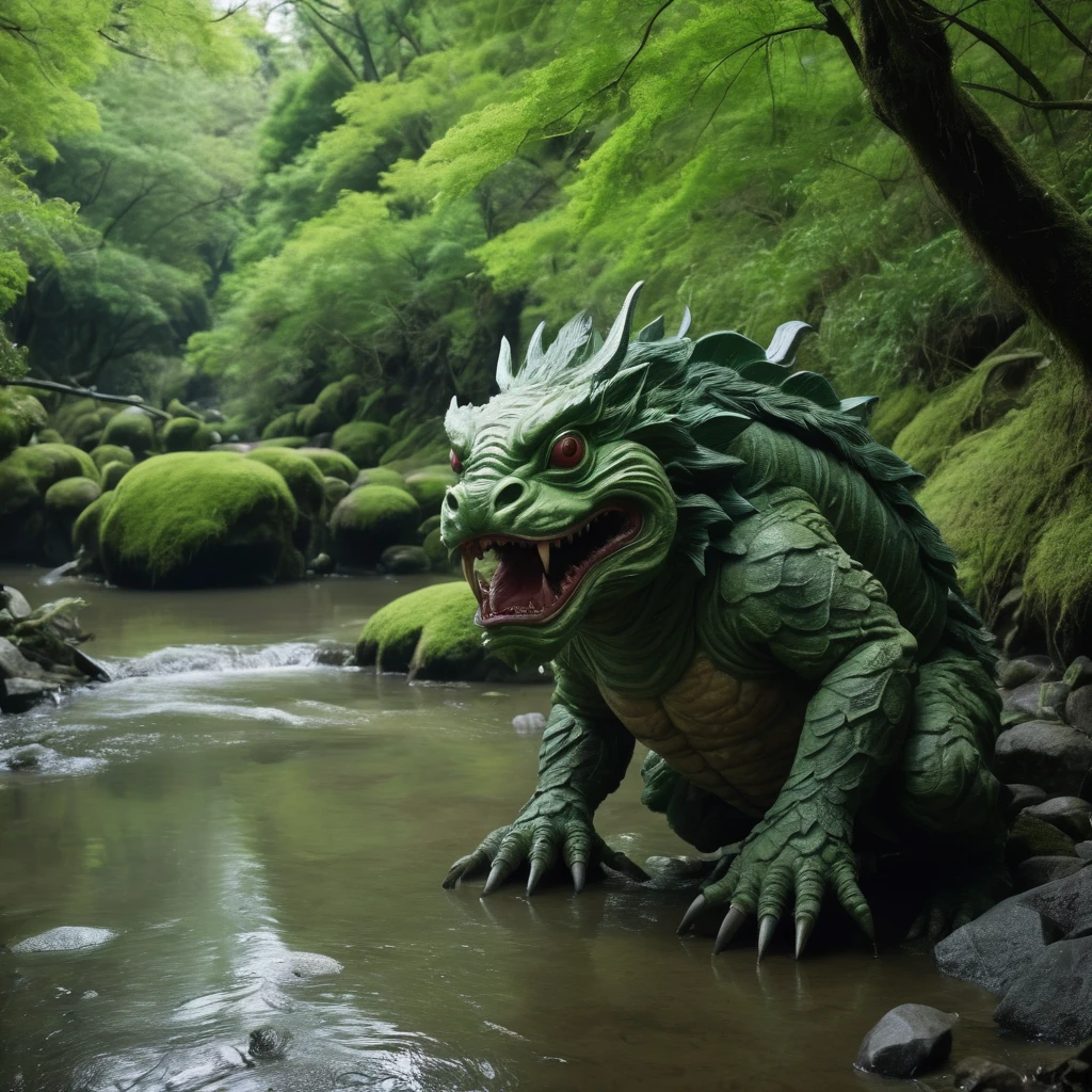 Kappa, live-action, eerie atmosphere, monster, riverbank, Japanese folklore