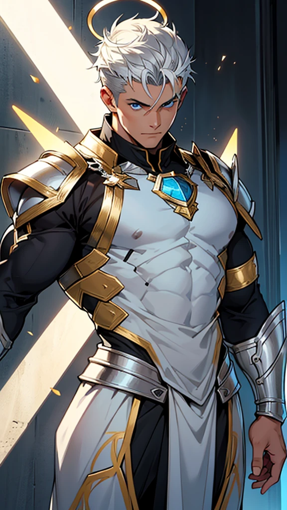 young muscular man, rectangular body, trapezoidal head, with blue eyes, latin features, short silver hair, wearing silver armor with gold accents and tanned skin, posing standing, with a halo of light on his head