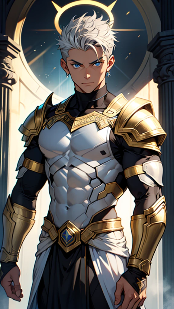 young muscular man, rectangular body, trapezoidal head, with blue eyes, latin features, short silver hair, wearing silver armor with gold accents and tanned skin, posing standing, with a halo of light on his head
