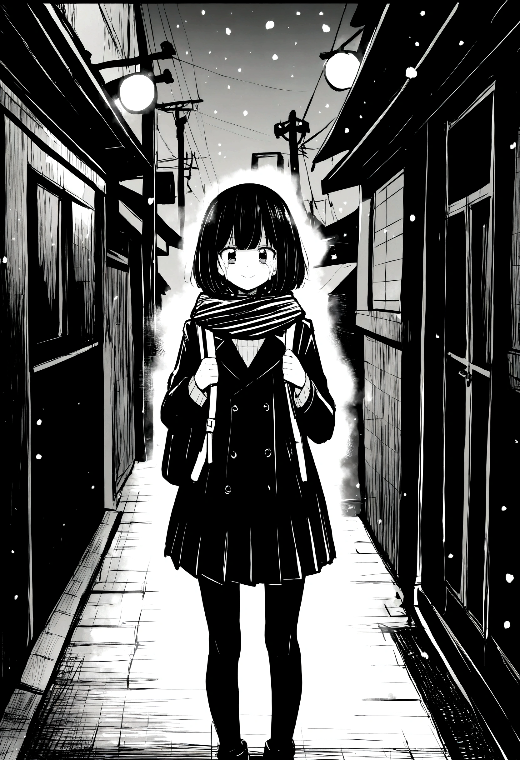 masterpiece, best quality, 1girl, mamerakkkkko, grayscale, manga style, japanese, chi no wadachi, black eyes, street, iced, black hair, schoolbag, smile, lineart, black coat, black scarf, black pleated skirt, leggings, centered, 18 years old, tall, fair skinned, bokeh background, crying, tears, straight-on, tears streaming, bob cut, light particles, centered, snowing