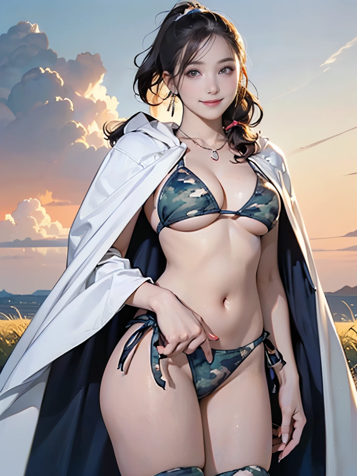 ((((Highest quality))))、(((Ultra-precision CG16K wallpaper)))、(((masterpiece)))、(((Super detailed)))、(((Extreme detail)))、((1Mature 29 year old woman:1.6))、((Very beautiful Japan face of a person))、((Urizane Face:1.oft wavy ponytail medium hair:1.8))、(Shir)、A delicately drawn beautiful face、Dark Eyes、double eyelid、High nose、Small nostrils、Small Mouth、Seductive lips、Beautiful breasts、((C c breasts))、Cleavage、Bl feet、eigd body、Perfect proportions、Perfect Anatomy、Perfect composition、Beautiful detailed shading、Beautiful, natural lighting、Beautiful detail glow、Depth of written boundary、(((High chroma)))、(((Real:1.9)))、((vivid:1.5))、((Beautiful Skin))、((Skin Texture))、((Realな皮膚感))、(((Cowboy Shot:1.6)))、((front view、shoot from front、front low angle:1.6))、(((smile:1.6)))、((The woman is at this、looking at viewer:1.6))、Bright daylight、Natural light、(((Grass Square、null、cloud:1.5)))、(Standing pose:1.6)、(((white cloak&Navcamouflage bikini swimsuit:1.6)))、((Scrunchie Ribbon、necklace、Wearing earrings:Lace Stockings Clothed:1.3))、