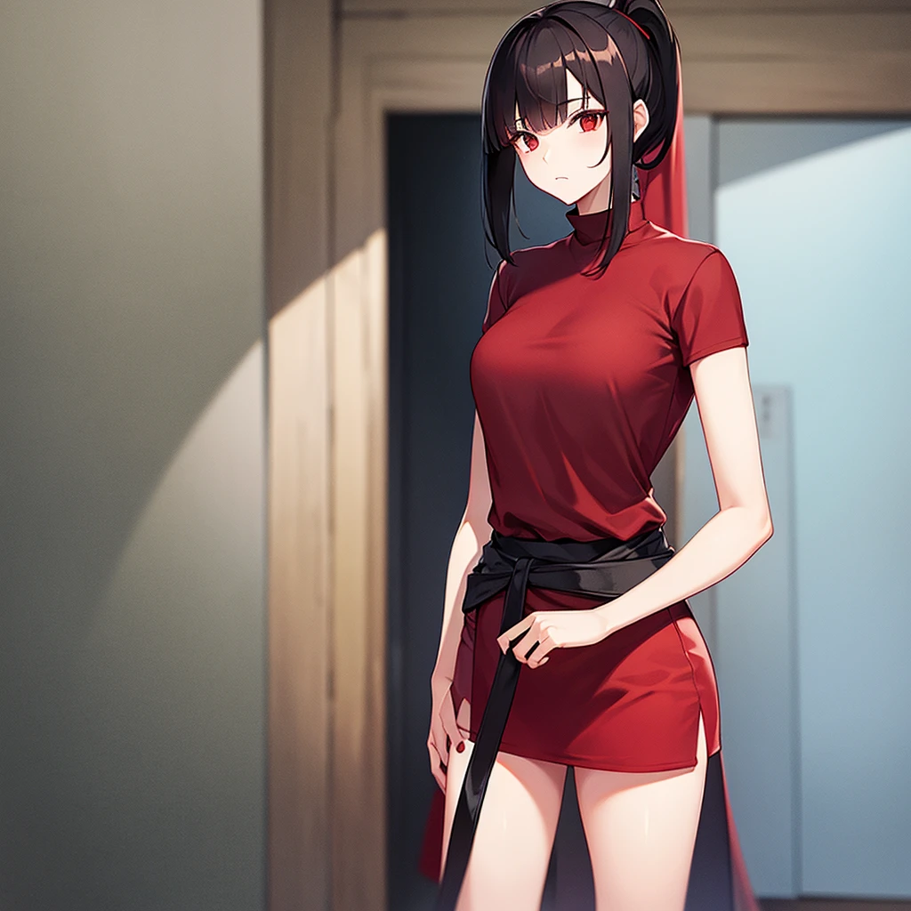 Tall girl Red eyes Dark hair Ponytail with fringe