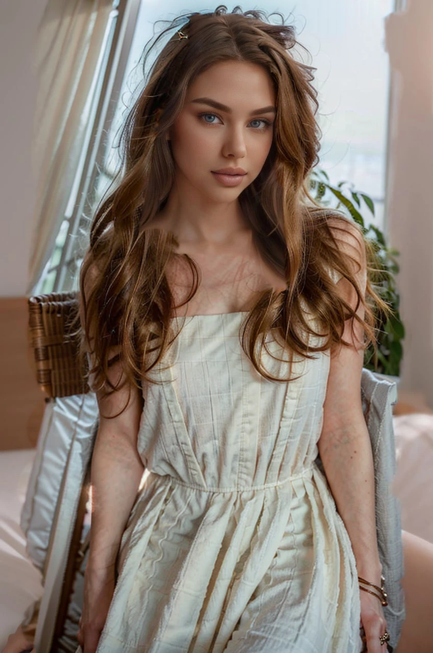 Young 20 year old Russian girl model, (with a beautiful ideal slim athletic figure: 1.3), (model cute face with big plump lips: 1.5), (expressive blue eyes: 1.3), (long light brown blond hair: 1.3), (elegant expensive style of clothing: 1.2), (beautiful modern soft pink light chiffon dress with a floral modern print: 1.3), (looking at the camera, full-length photo to the knees: 1.3), (slight smile on her face: 1.3), (natural skin texture: 1.3), (walking along the Parisian streets, sunny cozy atmosphere, sunny day, light breeze, busy streets, the girl sits on a soft beige wicker chair at a table in a cafe on the street on the veranda: 1.3), (delicious food: 1.3), (beautiful view into the distance of the Eiffel Tower: 1.3), (slightly blur background:1.2), (studio high quality, photorealism, photorealistic, ultra realistic:1.3), 8k, DSLR, natural photo, daylight:1.3)