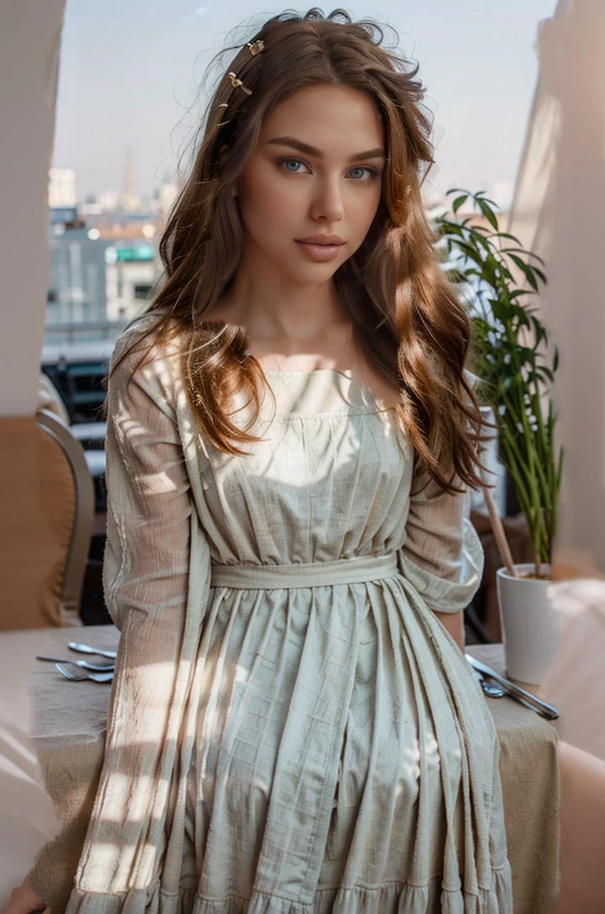 Young 20 year old Russian girl model, (with a beautiful ideal slim athletic figure: 1.3), (model cute face with big plump lips: 1.5), (expressive blue eyes: 1.3), (long light brown blond hair: 1.3), (elegant expensive style of clothing: 1.2), (beautiful modern soft pink light chiffon dress with a floral modern print: 1.3), (looking at the camera, full-length photo to the knees: 1.3), (slight smile on her face: 1.3), (natural skin texture: 1.3), (walking along the Parisian streets, sunny cozy atmosphere, sunny day, light breeze, busy streets, the girl sits on a soft beige wicker chair at a table in a cafe on the street on the veranda: 1.3), (delicious food: 1.3), (beautiful view into the distance of the Eiffel Tower: 1.3), (slightly blur background:1.2), (studio high quality, photorealism, photorealistic, ultra realistic:1.3), 8k, DSLR, natural photo, daylight:1.3)